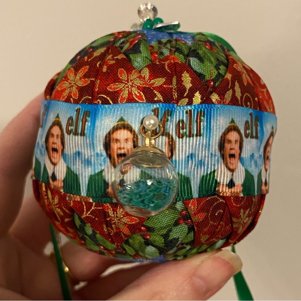Festive Elf Movie inspired Hand Quilted Ornament with charms